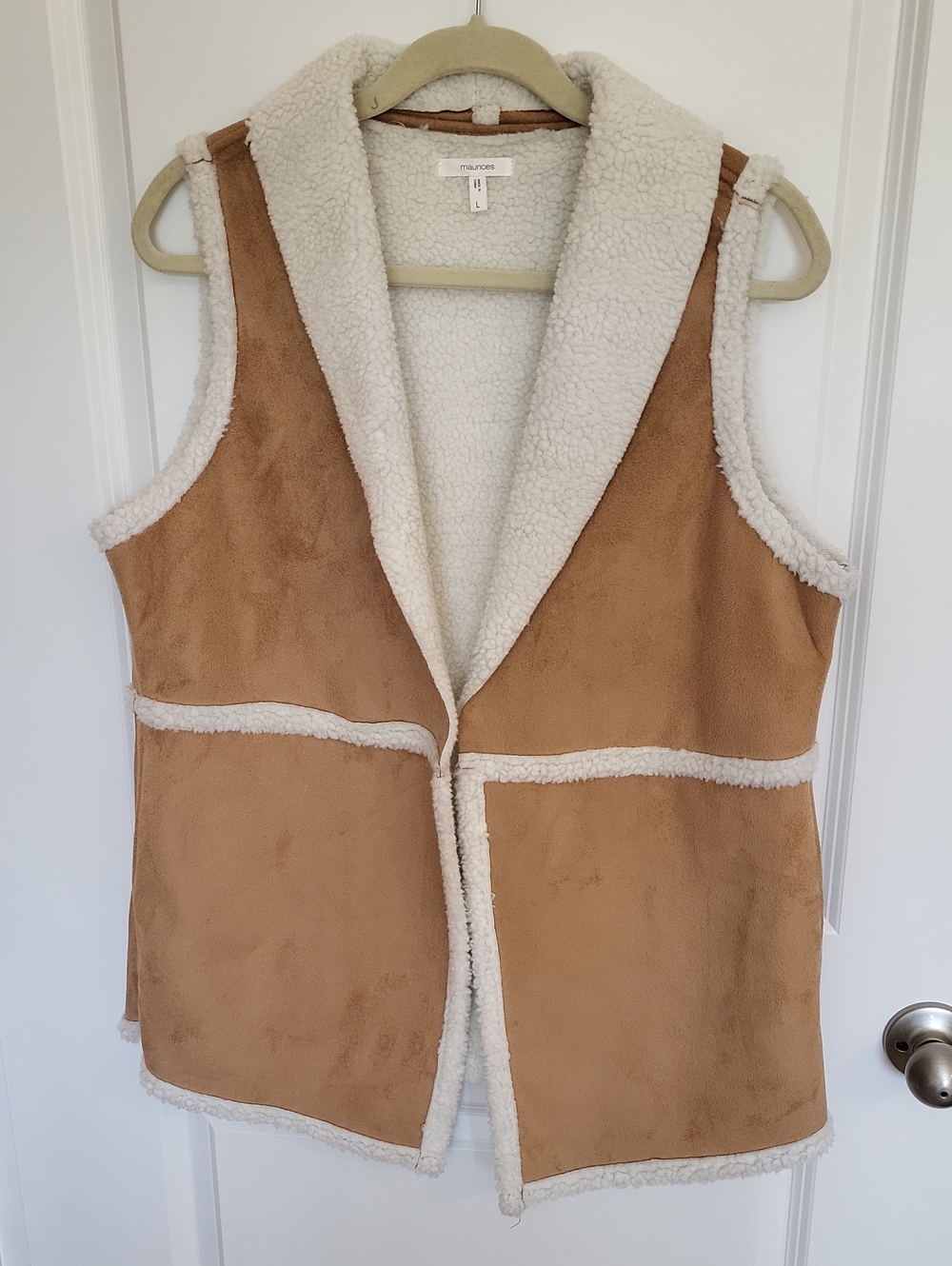 Maurices Camel Faux-Suede Vest with Cream Sherpa Trim W/Pockets